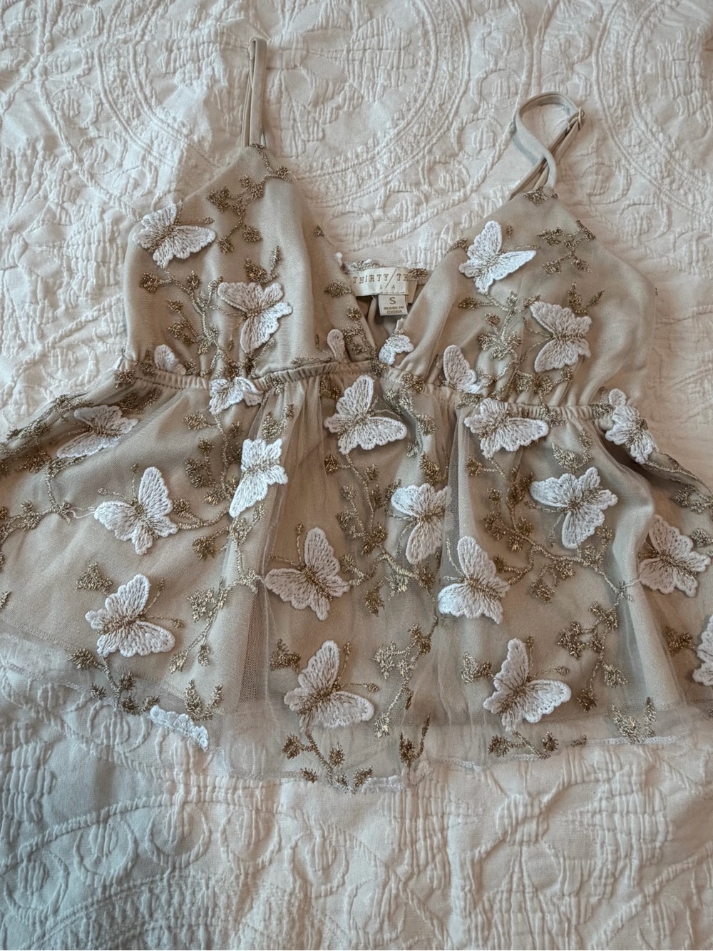 2 for$6✨Women’s Thirty/Thirty LA Beige Butterfly Sheer Babydoll Crop Top, Size S
